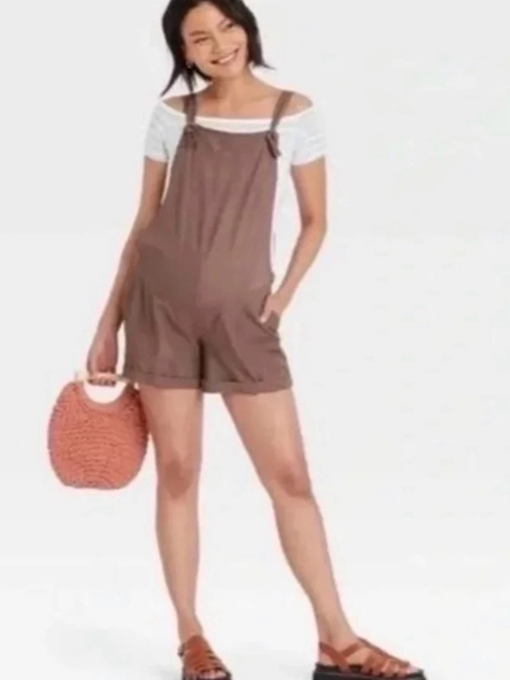 Isabel Maternity  Brown Short Overalls -bump fit baby bump roomy shortalls